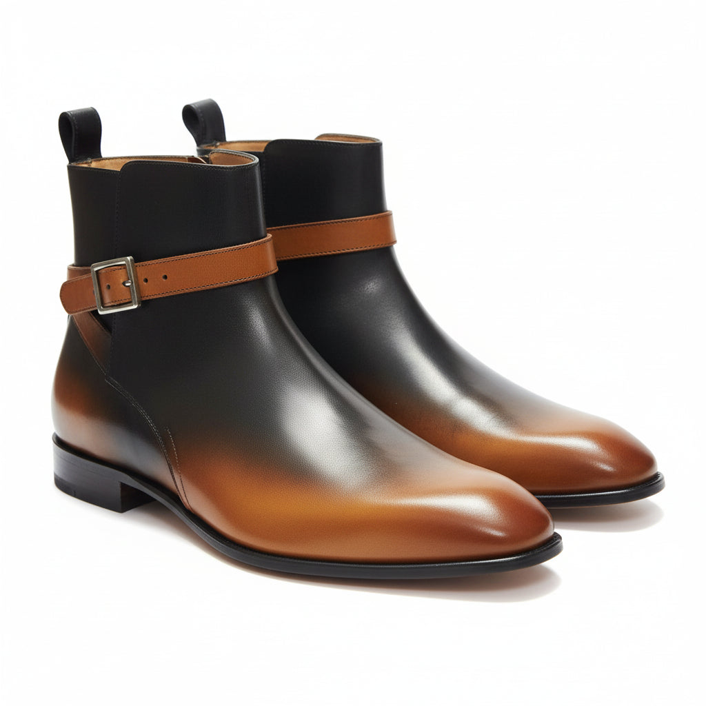 Men's Tan Black Leather Jodhpurs, Office Ankle Boots - three-quarter-view