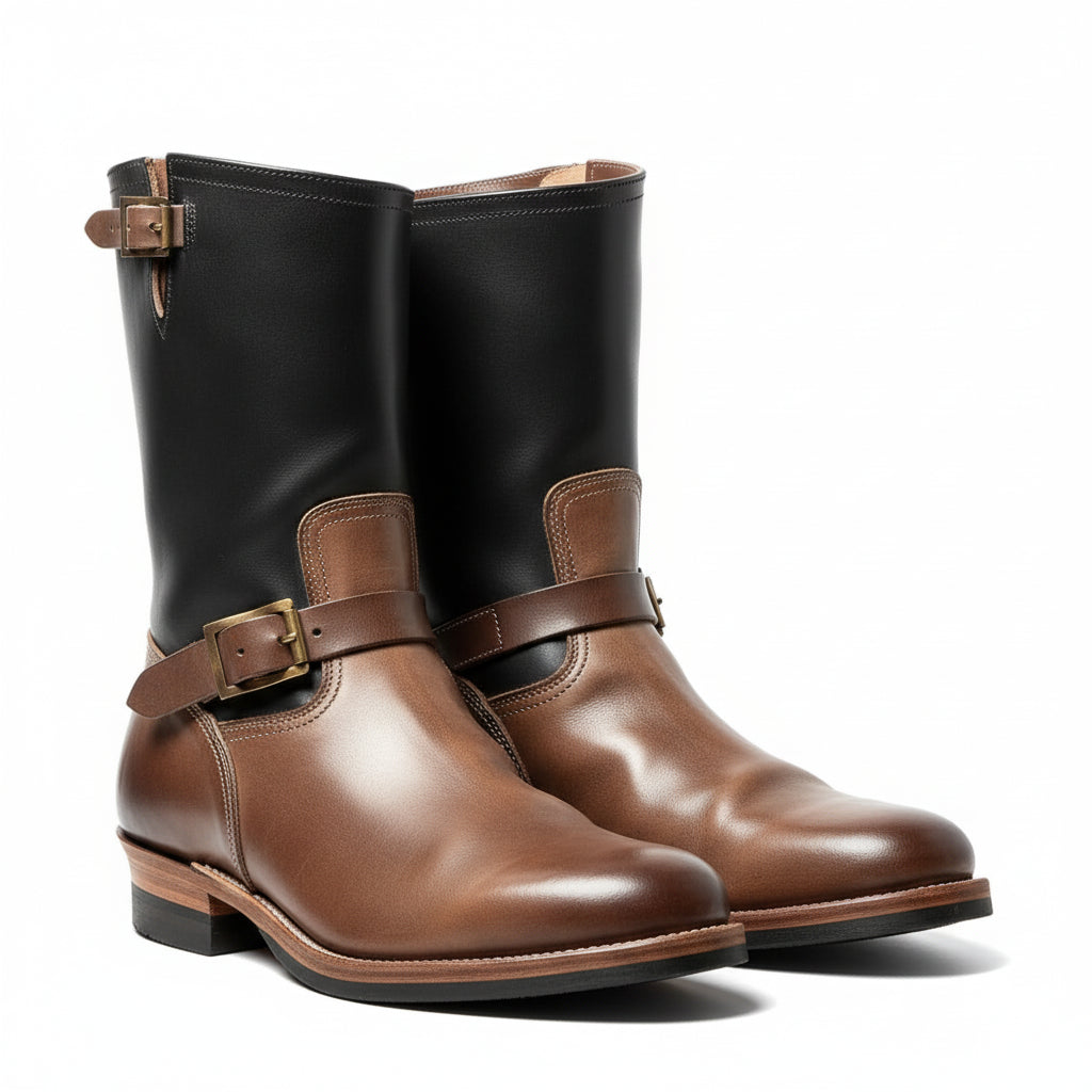 three-quarter-view - Men's Tan & Black Two-Tone Leather Biker Boots