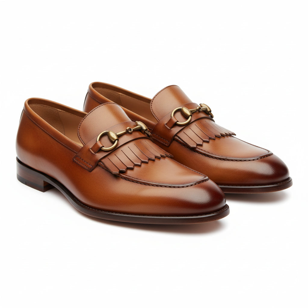 three-quarter-view - Men's Tan Brown Leather Moccasins Loafers with Tassel Accent