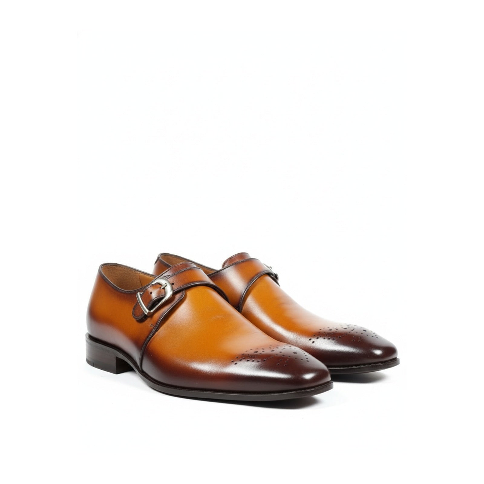 three-quarter-view - Men's Tan Brown Leather Monk Oxfords