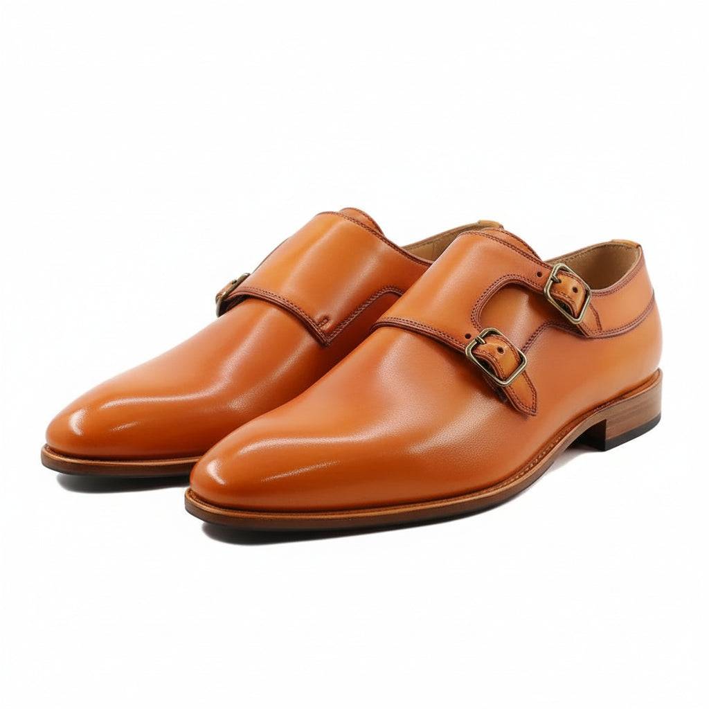 three-quarter-view - Men's Tan Double Monk Leather Dress Shoes
