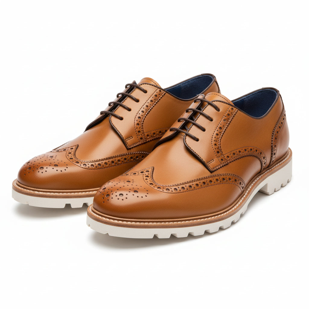 three-quarter-view - Men's Tan Leather Brogue Shoes