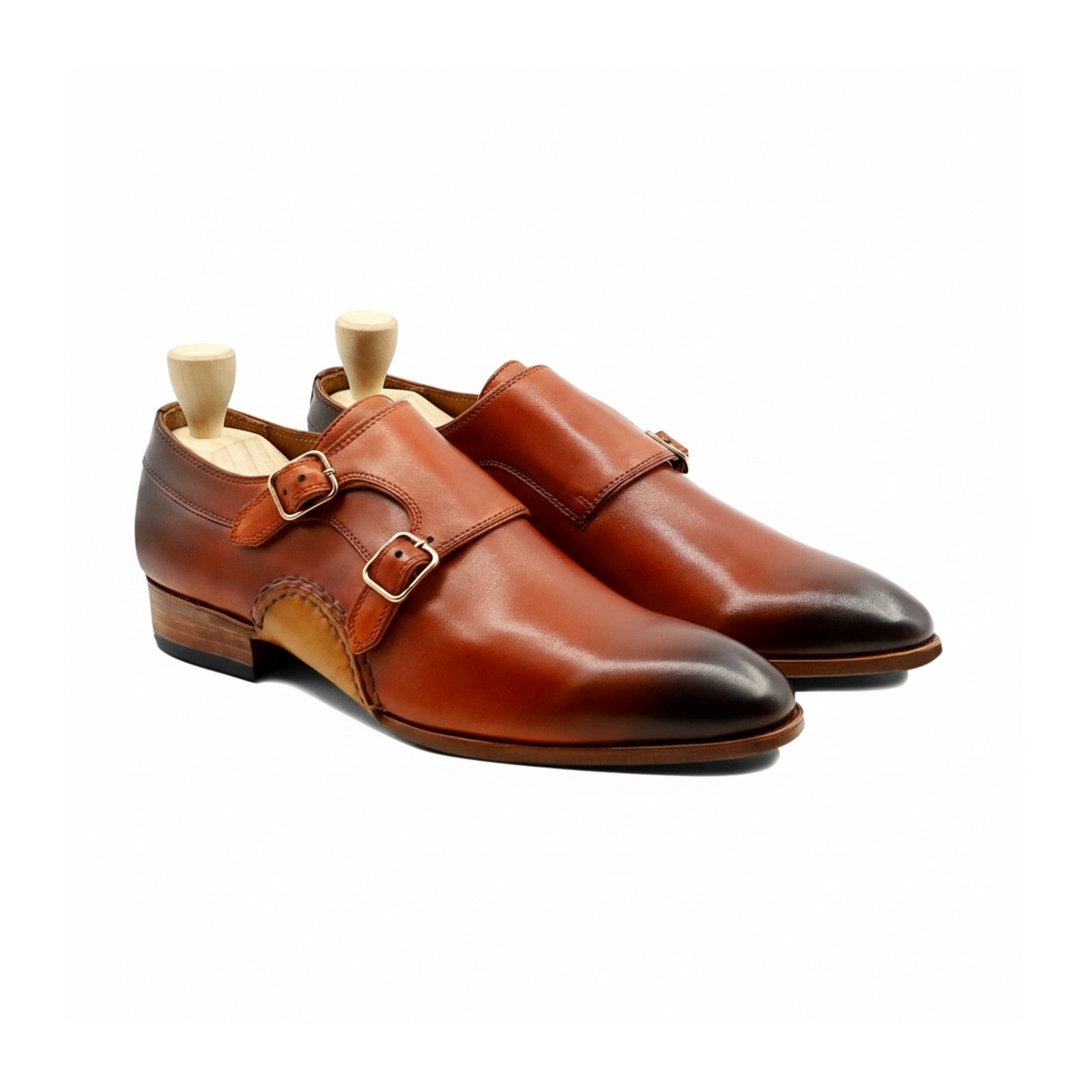 three-quarter-view - Men's Tan Leather Double Buckle Oxfords