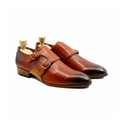 three-quarter-view - Men's Tan Leather Double Buckle Oxfords