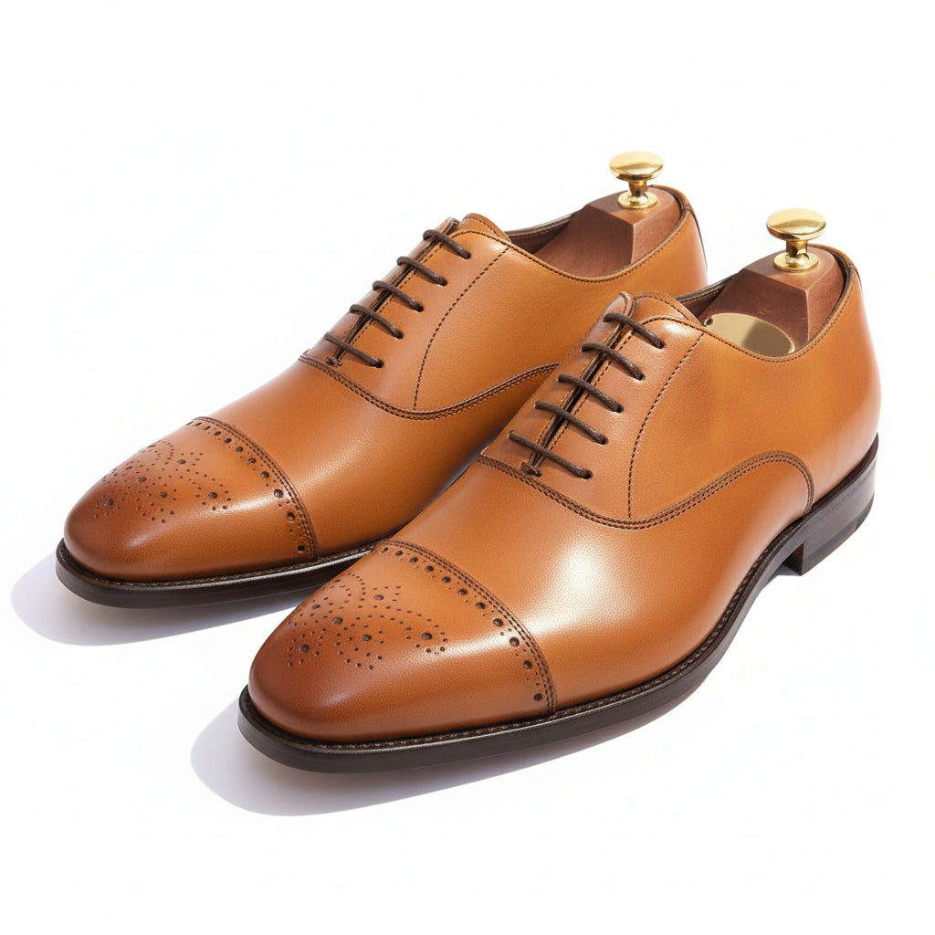 Men's Tan Leather Dress Shoes with Lace-up Closure - three-quarter-view