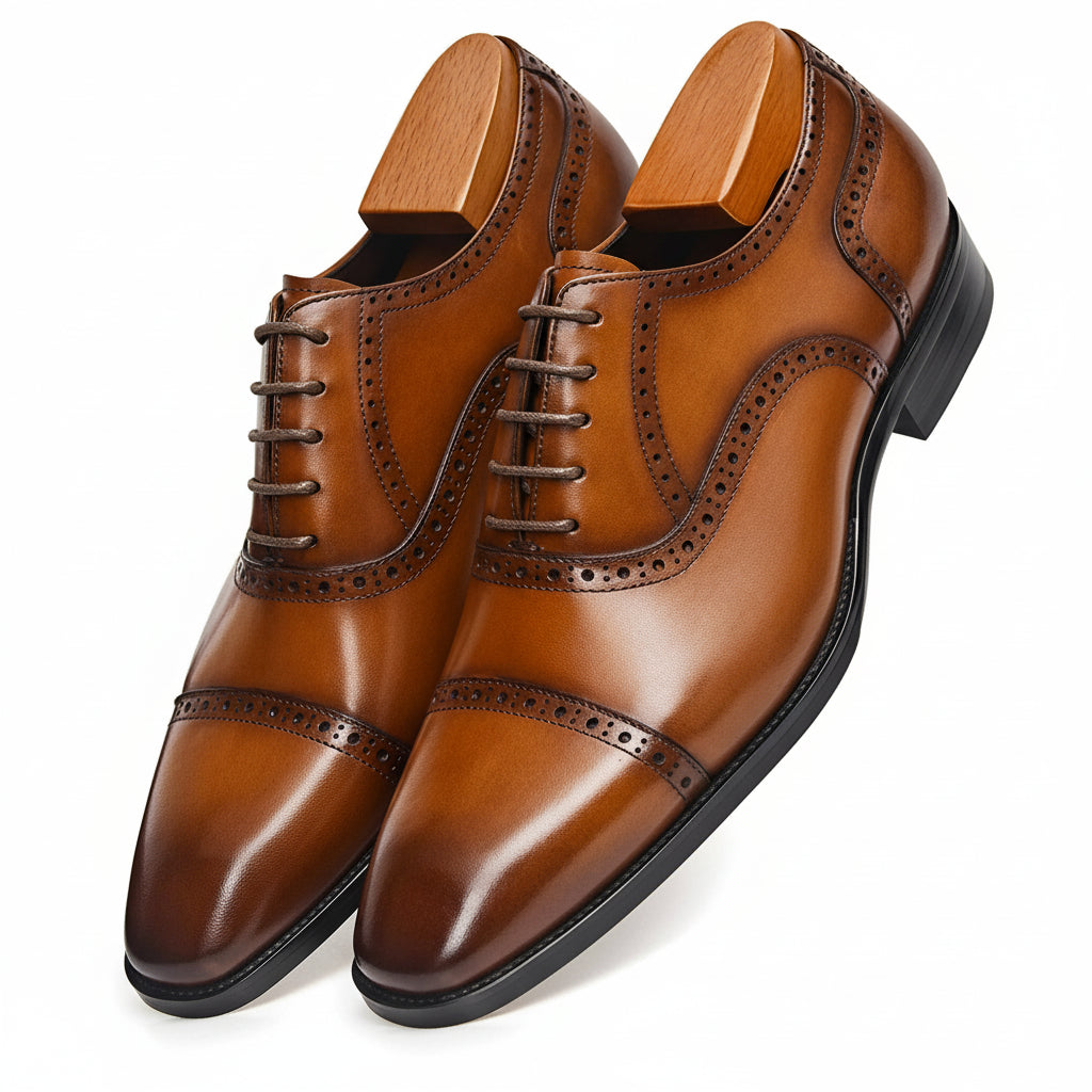 Men's Tan Leather Formal Dress Shoes - three-quarter-view