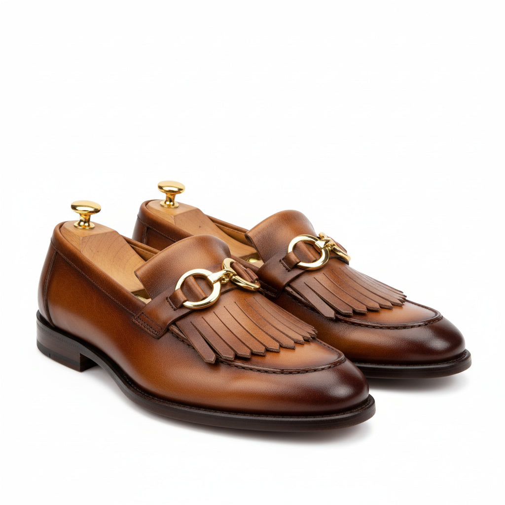 Men's Tan Leather Fringe Buckle Moccasins - three-quarter-view