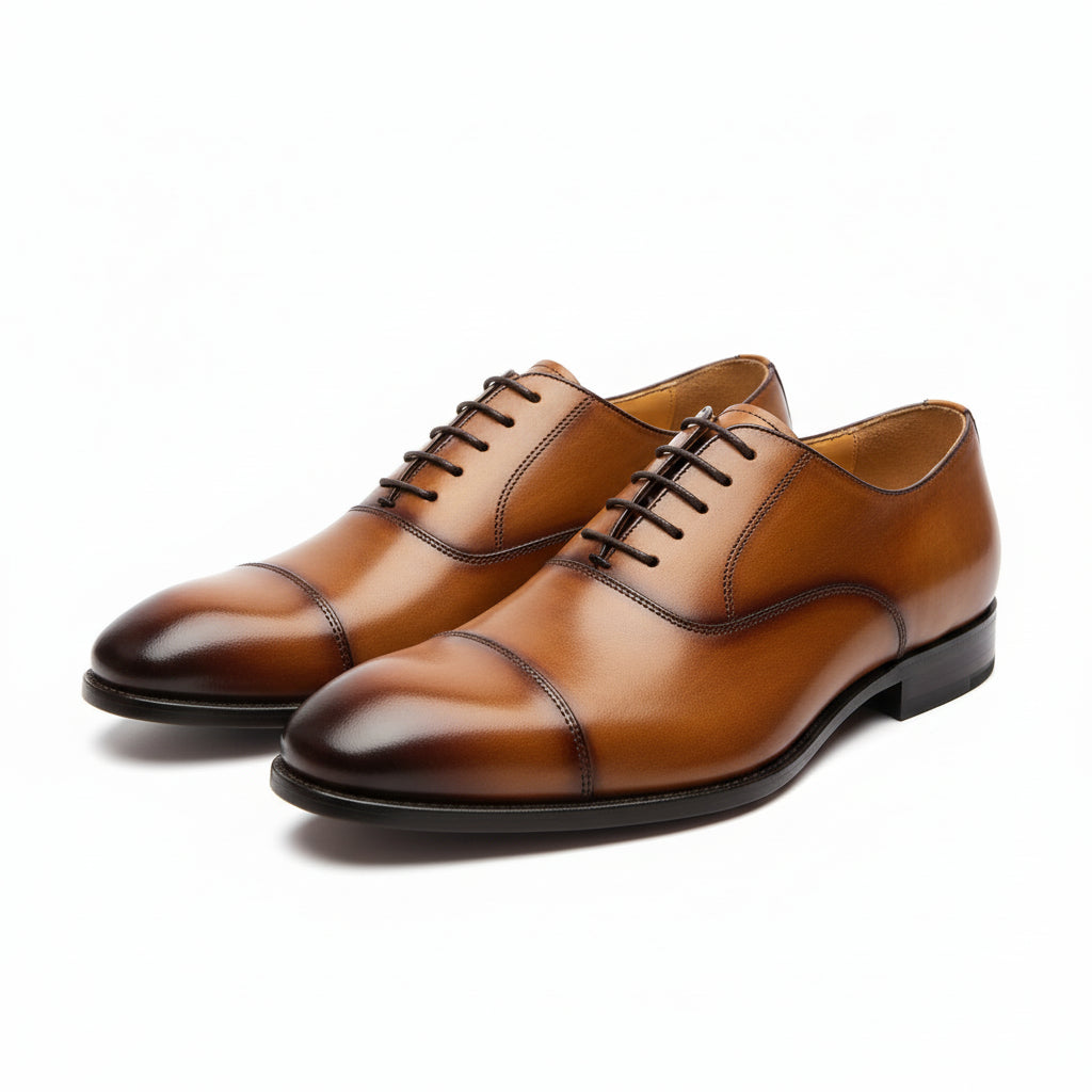 three-quarter-view - Men's Tan Leather Wingtip Brogue Dress Shoes
