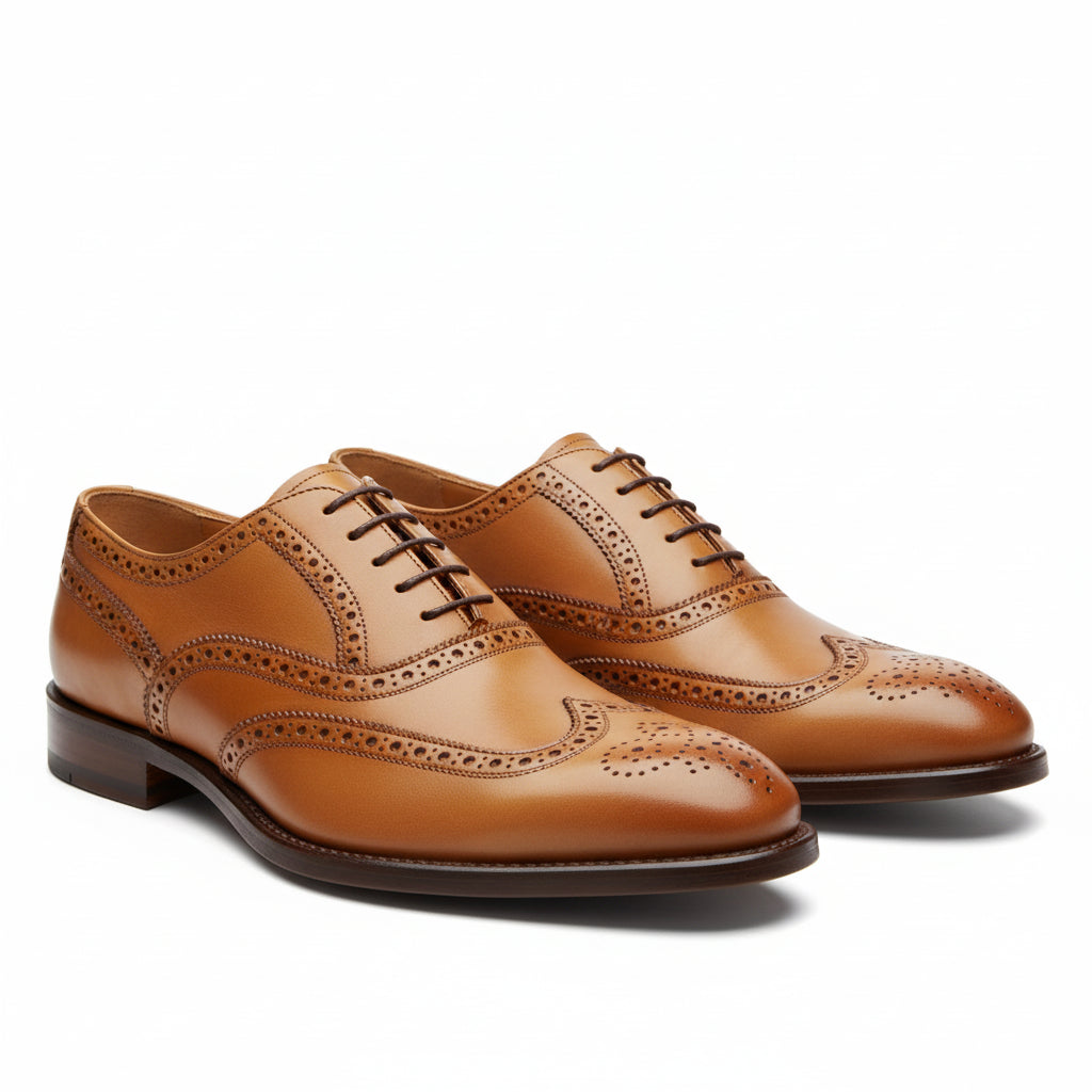 three-quarter-view - Men's Tan Leather Wingtip Dress Shoes