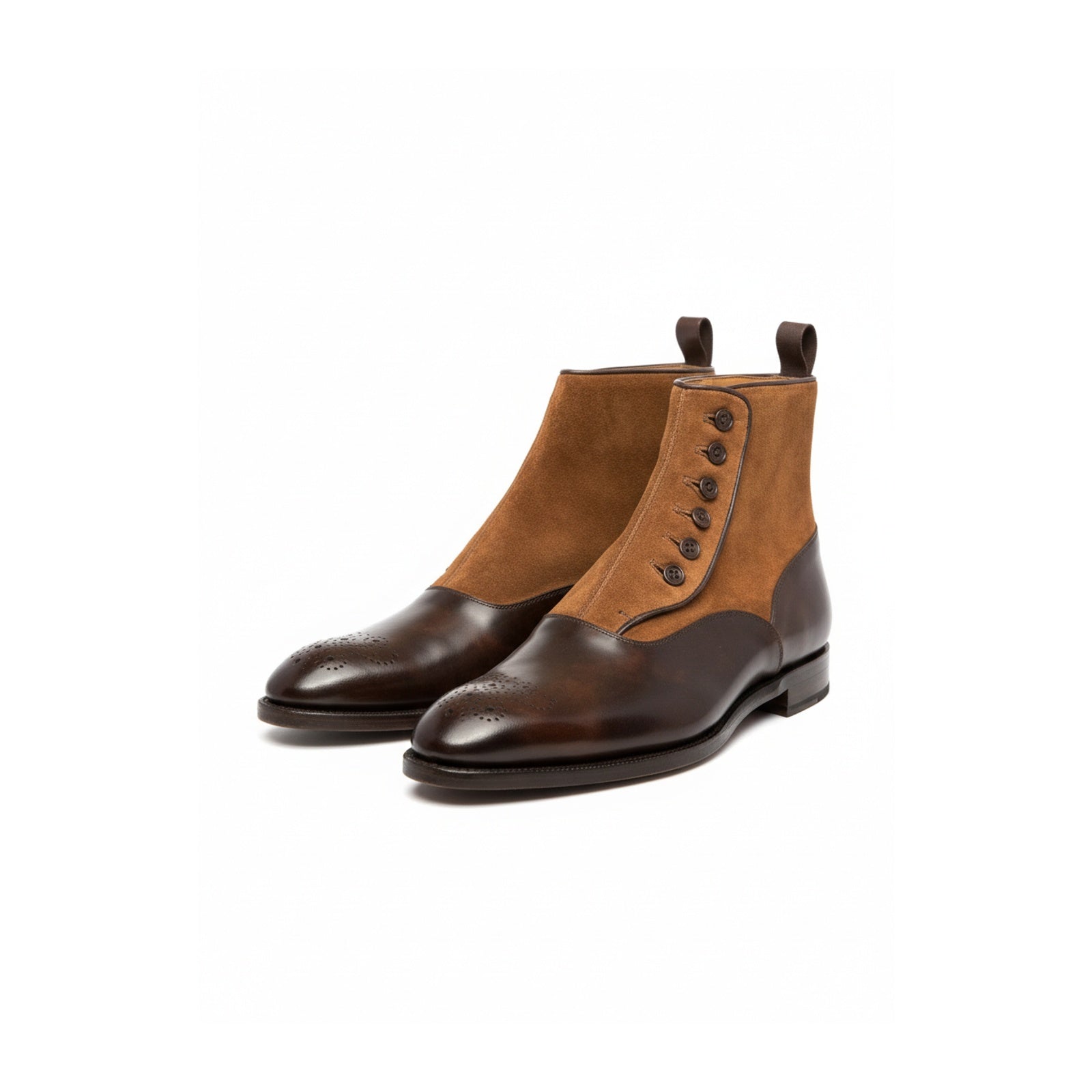 Men's Tan Suede and Brown Leather Button Boots - three-quarter-view