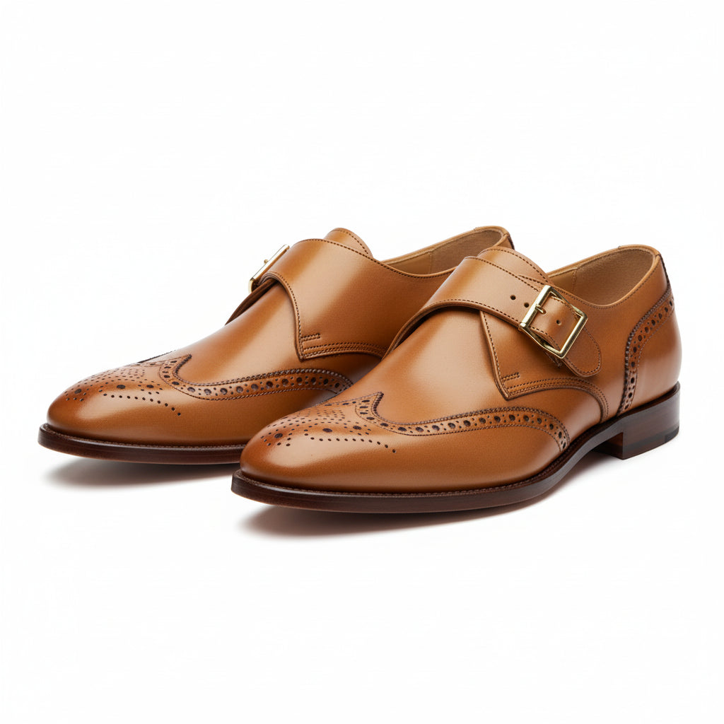 Men's Tan Wing Tip Brogue Monk Leather Shoes - three-quarter-view