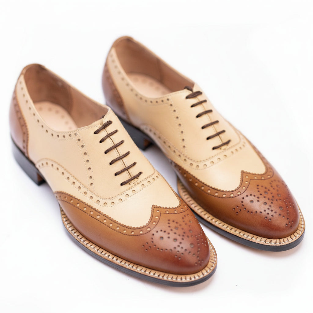 three-quarter-view - Men's Two Tone Calf Leather Wingtip Brogue Dress Shoes