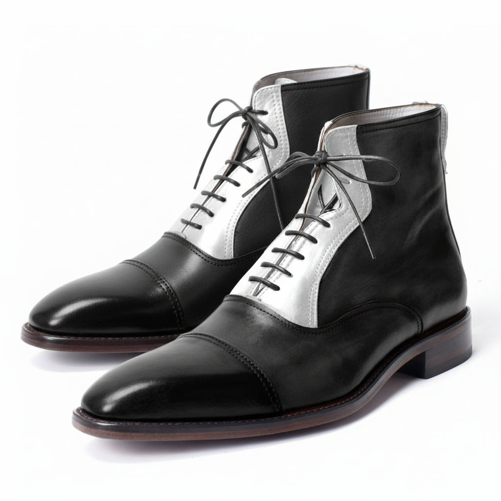 Men's Two Tone Cap Toe Leather Ankle Boots - three-quarter-view