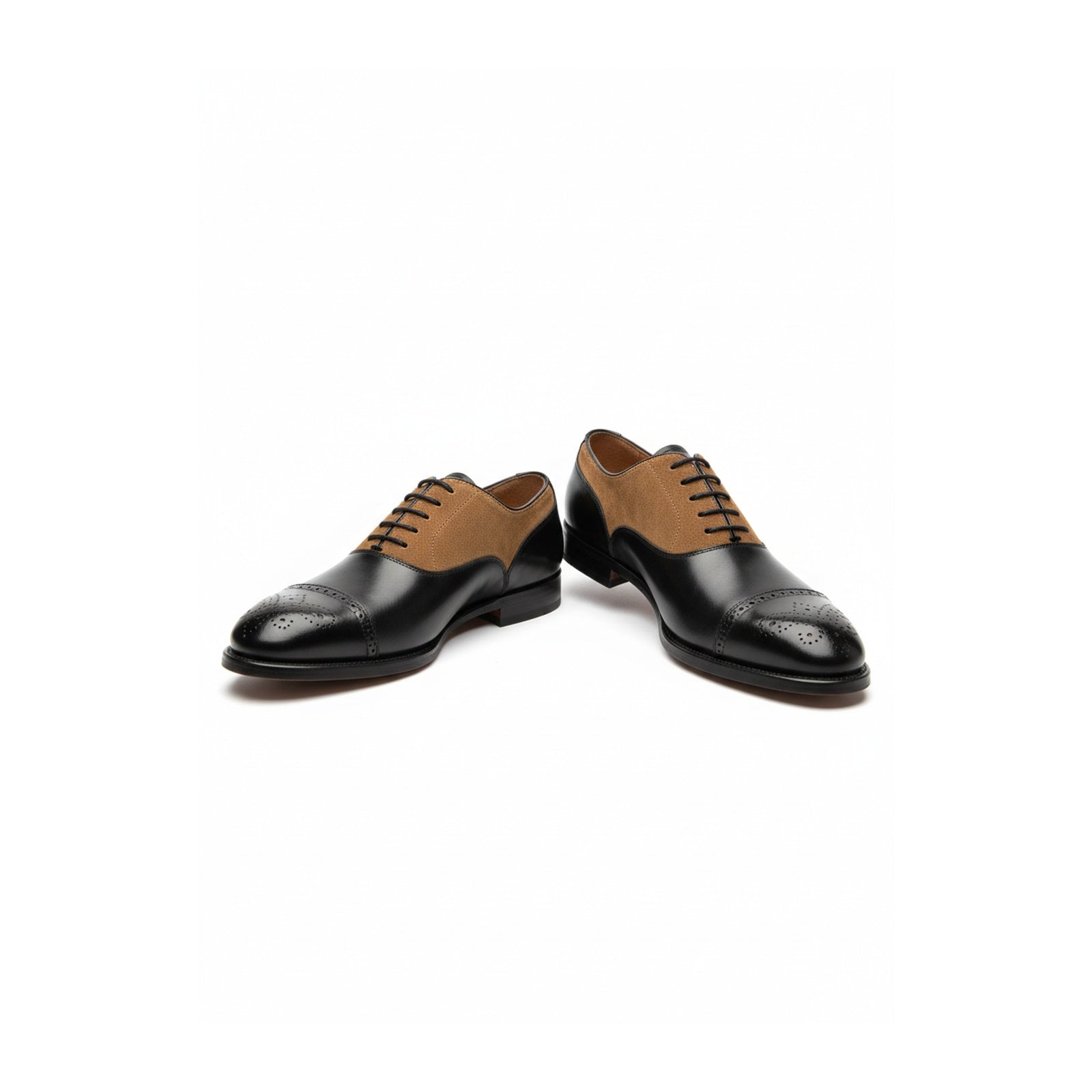 three-quarter-view - Men's Two-Tone Cowhide & Suede Brogue Oxford Dress Shoes