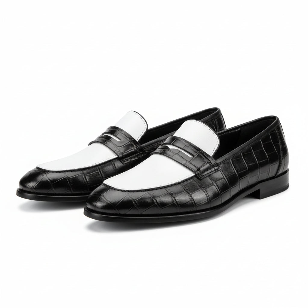 Men's Two-tone Crocodile Leather Moccasins Loafers - three-quarter-view