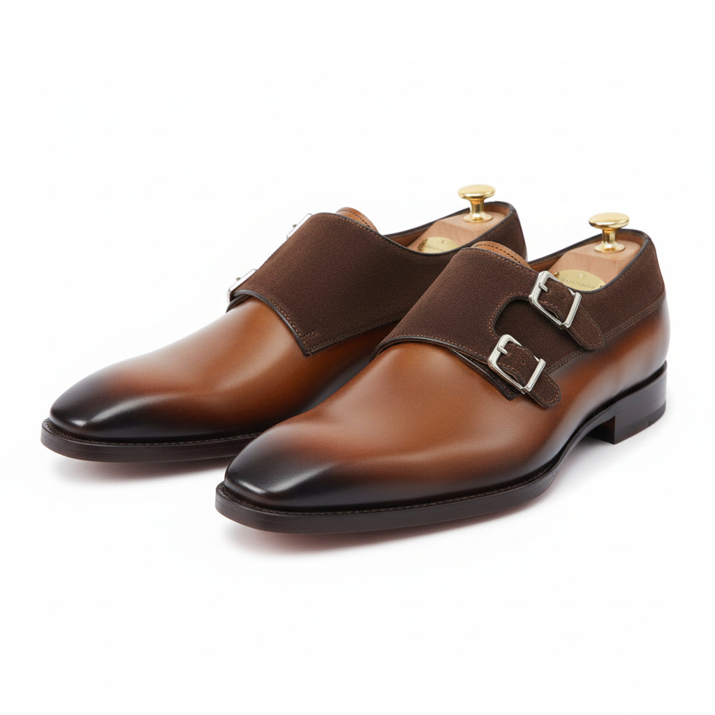Men's Two Tone Double Monk Leather Shoes - three-quarter-view
