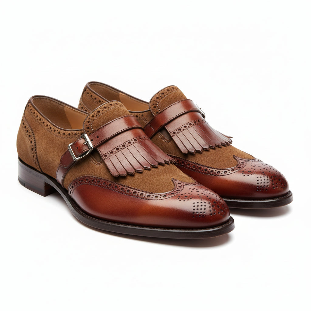 three-quarter-view - Men's Two Tone Leather Fringe Wingtip Dress Shoes