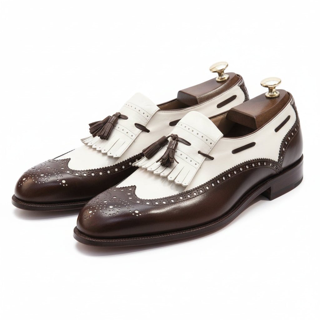 three-quarter-view - Men's Two Tone Leather Tassel Moccasins