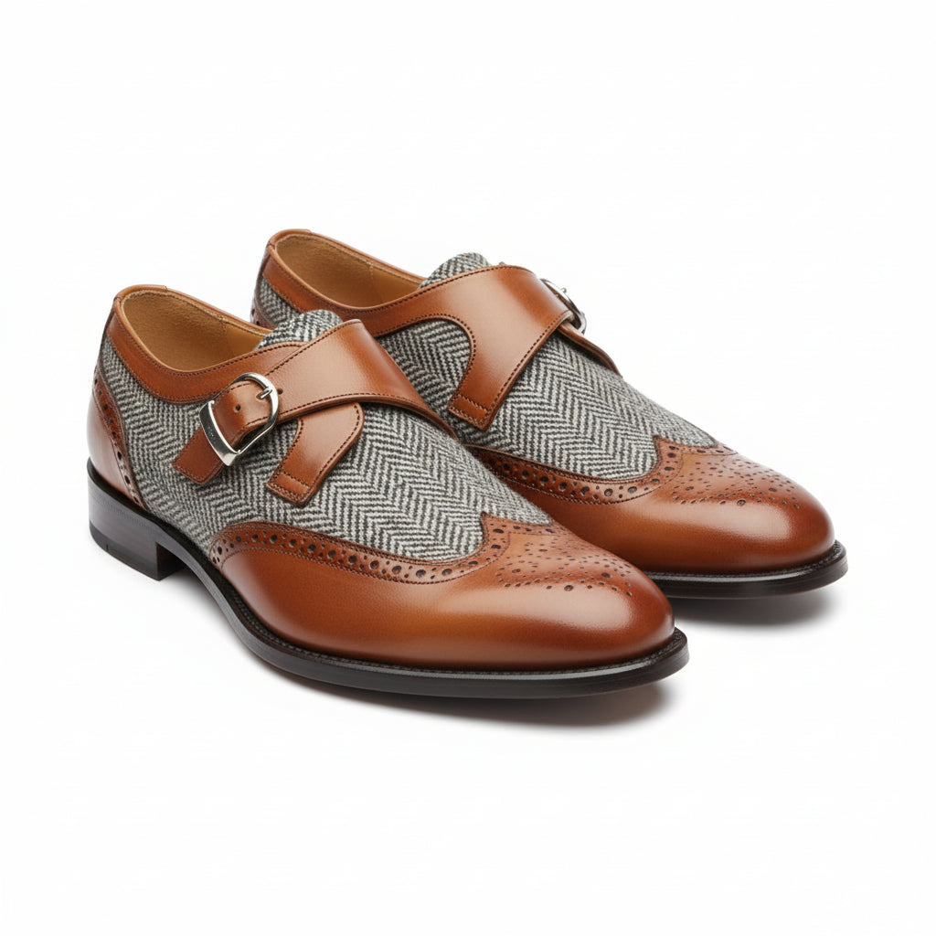 three-quarter-view - Men's Two-Tone Leather Wing Tip Monk Dress Shoes
