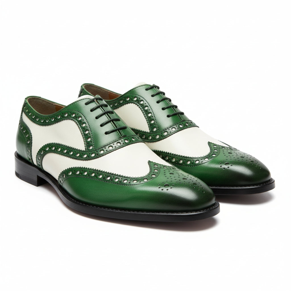 Men's Two-Tone Wingtip Brogue Leather Dress Shoes - three-quarter-view