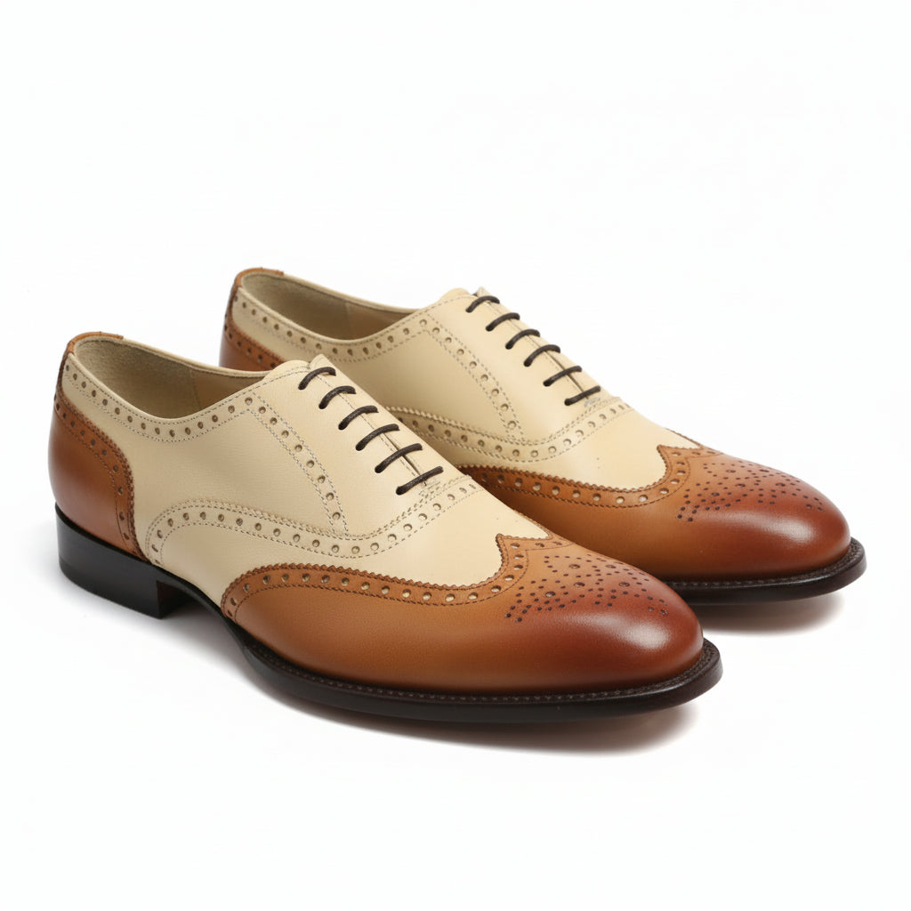 Men's Two-Tone Wingtip Brogue Leather Shoes - three-quarter-view