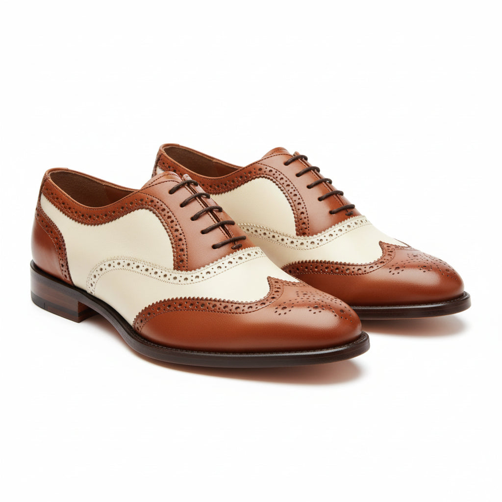 Men's Two-Tone Wingtip Brogue Leather Shoes - three-quarter-view
