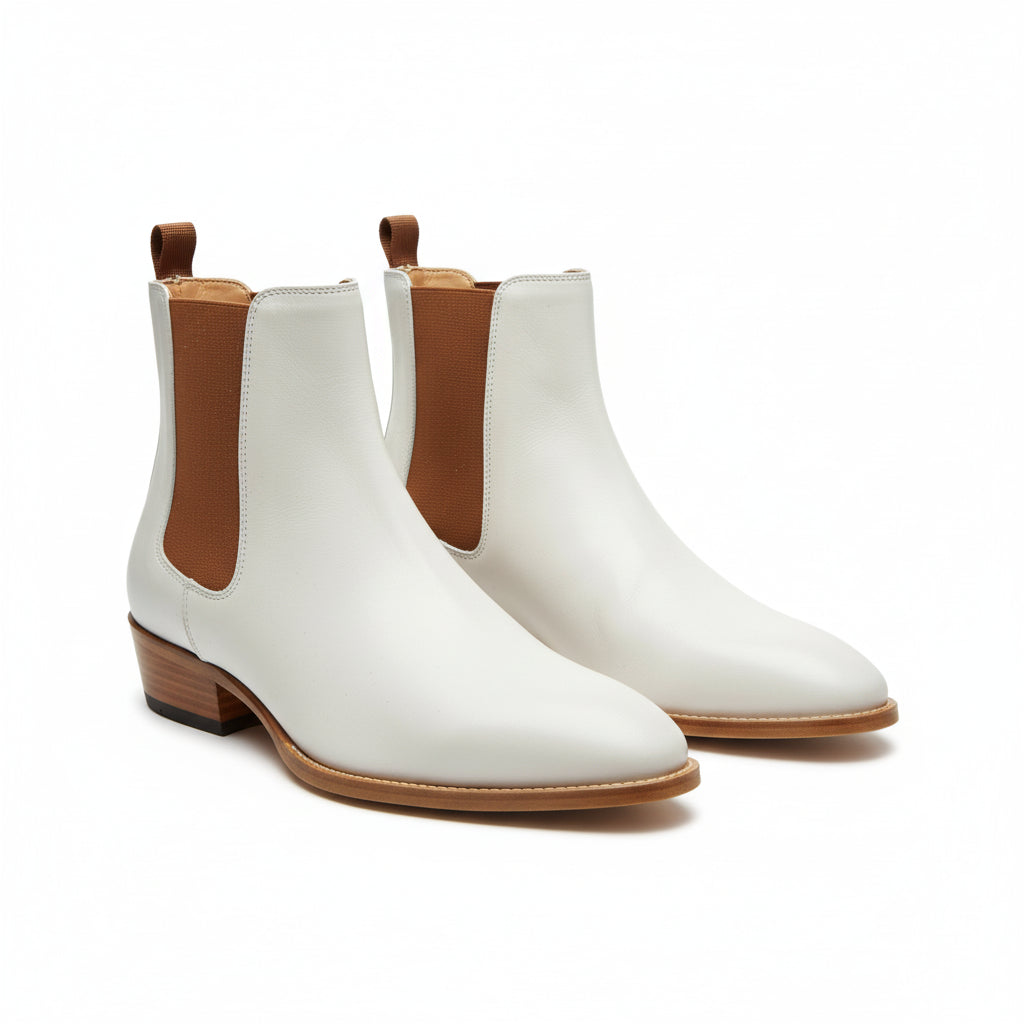 Men's White Chelsea Leather Boots - three-quarter-view