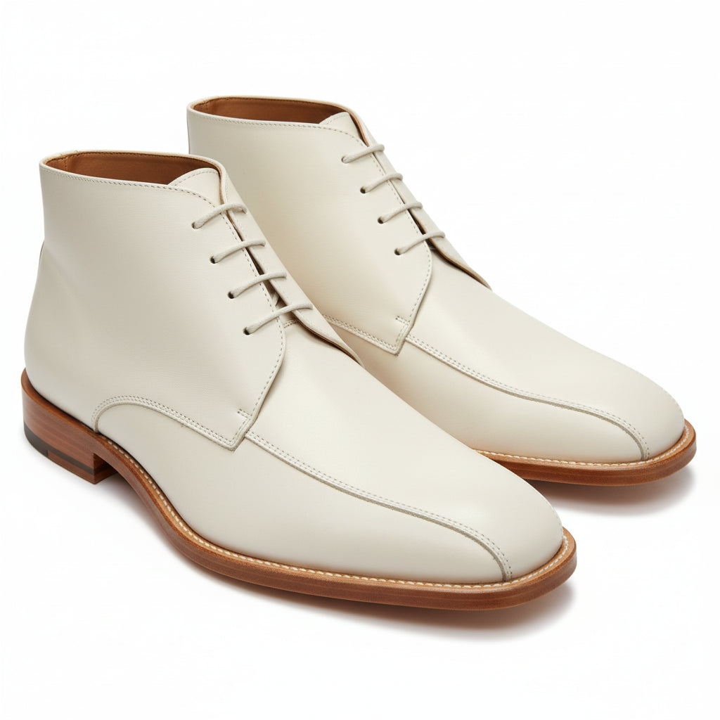 Men's White Leather Chukka Boots with Square Toe - three-quarter-view