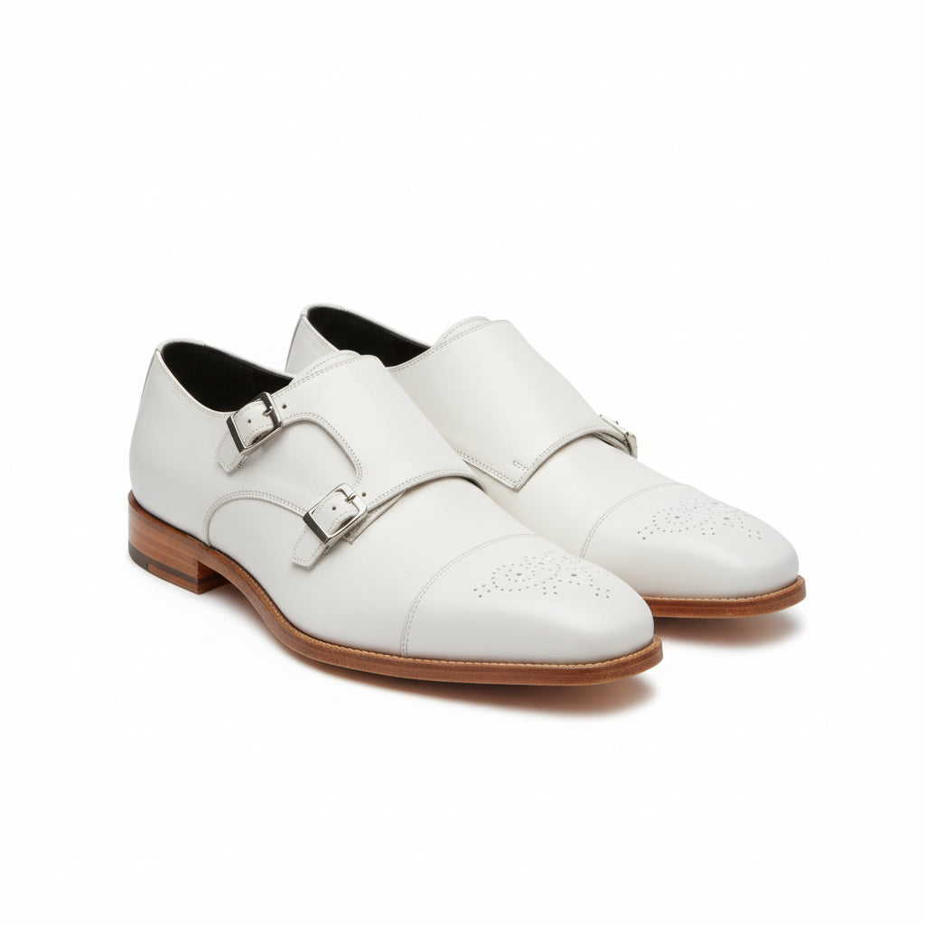 three-quarter-view - Men's White Leather Double Monk Dress Shoes