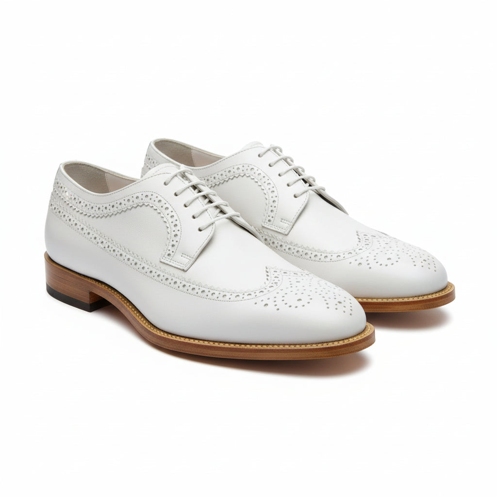 Men's White Leather Wingtip Brogue Dress Shoes - three-quarter-view