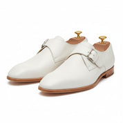 three-quarter-view - Men's White Monk Strap Leather Dress Shoes