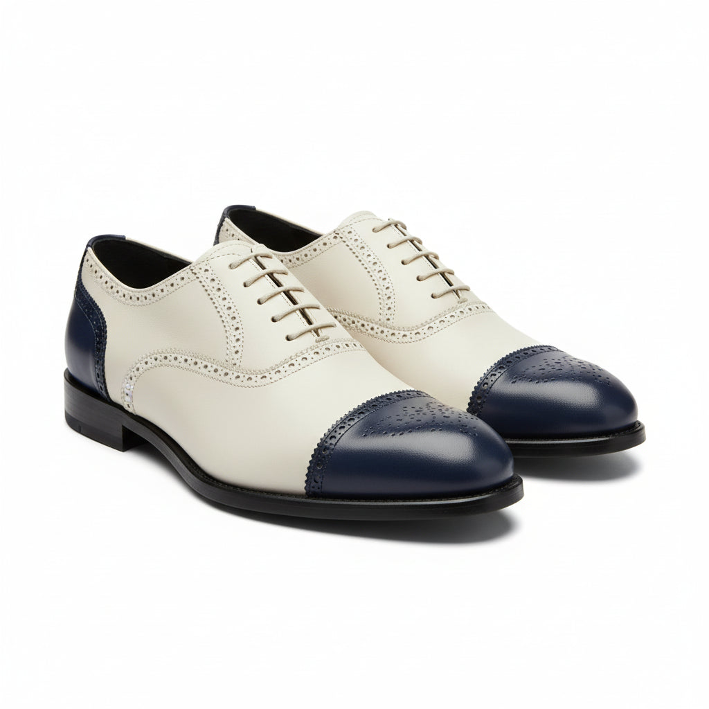 three-quarter-view - Men's White & Navy Blue Leather Oxford Brogue Shoes