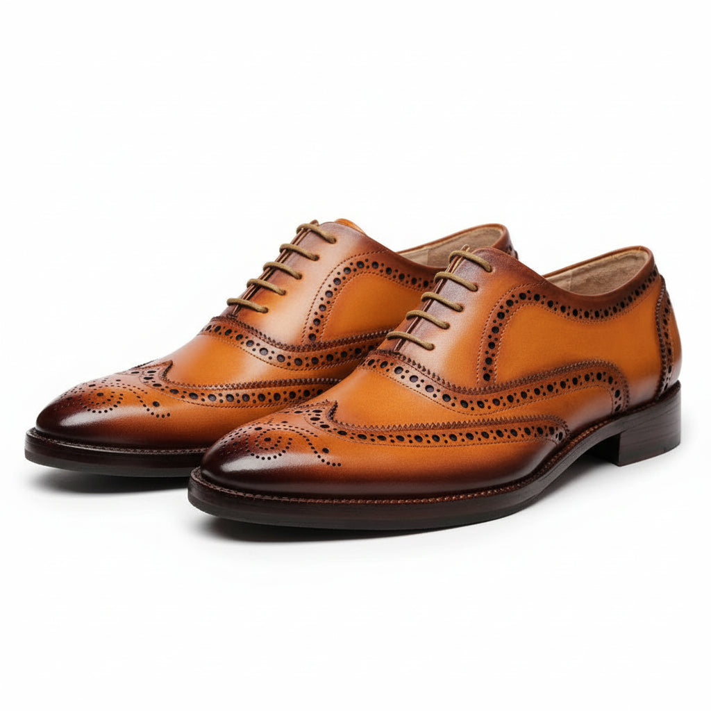 Men's Tan Leather Wingtip Oxford Dress Shoes - three-quarter-view