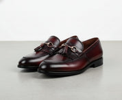 three-quarter-view - Handmade Men Burgundy Leather Fringe Dress Shoes, Men Leather Penny Loafer