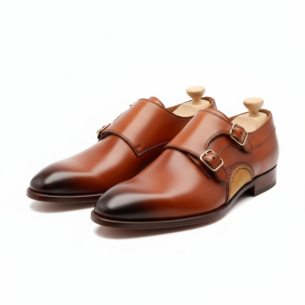 Tan Brown Monk Strap Leather Shoes with Buckle Closure - three-quarter-view
