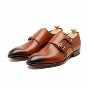 Tan Brown Monk Strap Leather Shoes with Buckle Closure - three-quarter-view
