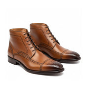 Tan Brown Wing Tip Brogue Ankle Boots - three-quarter-view