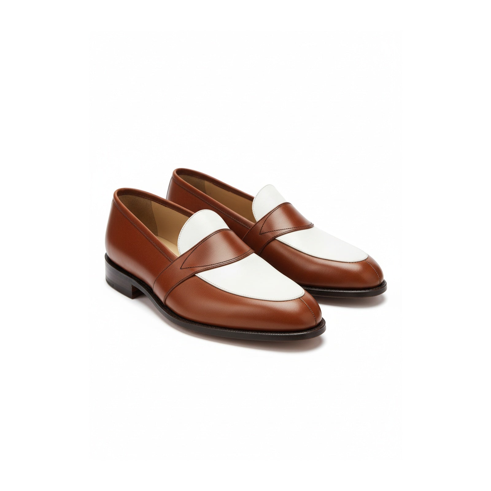 Two-Tone Leather Loafer Moccasins in Brown and White - three-quarter-view