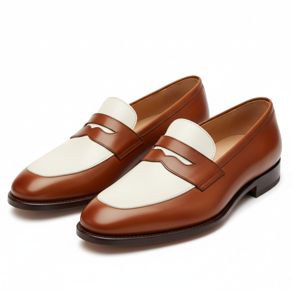 Two Tone Spectator Shoes Brown and White Leather Dress Oxford Shoes - three-quarter-view