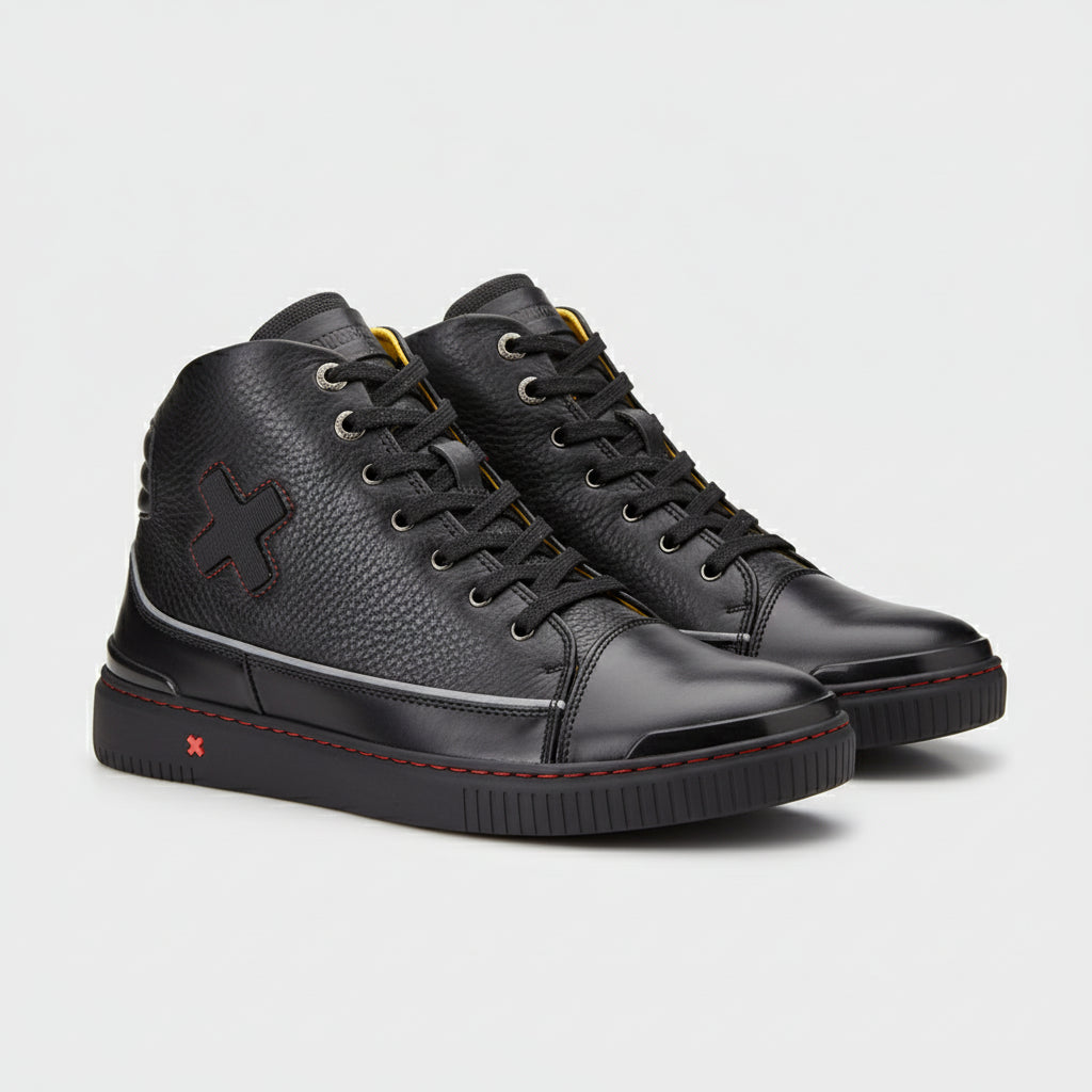 three-quarter-view - Unisex Black Leather Biker Sneakers