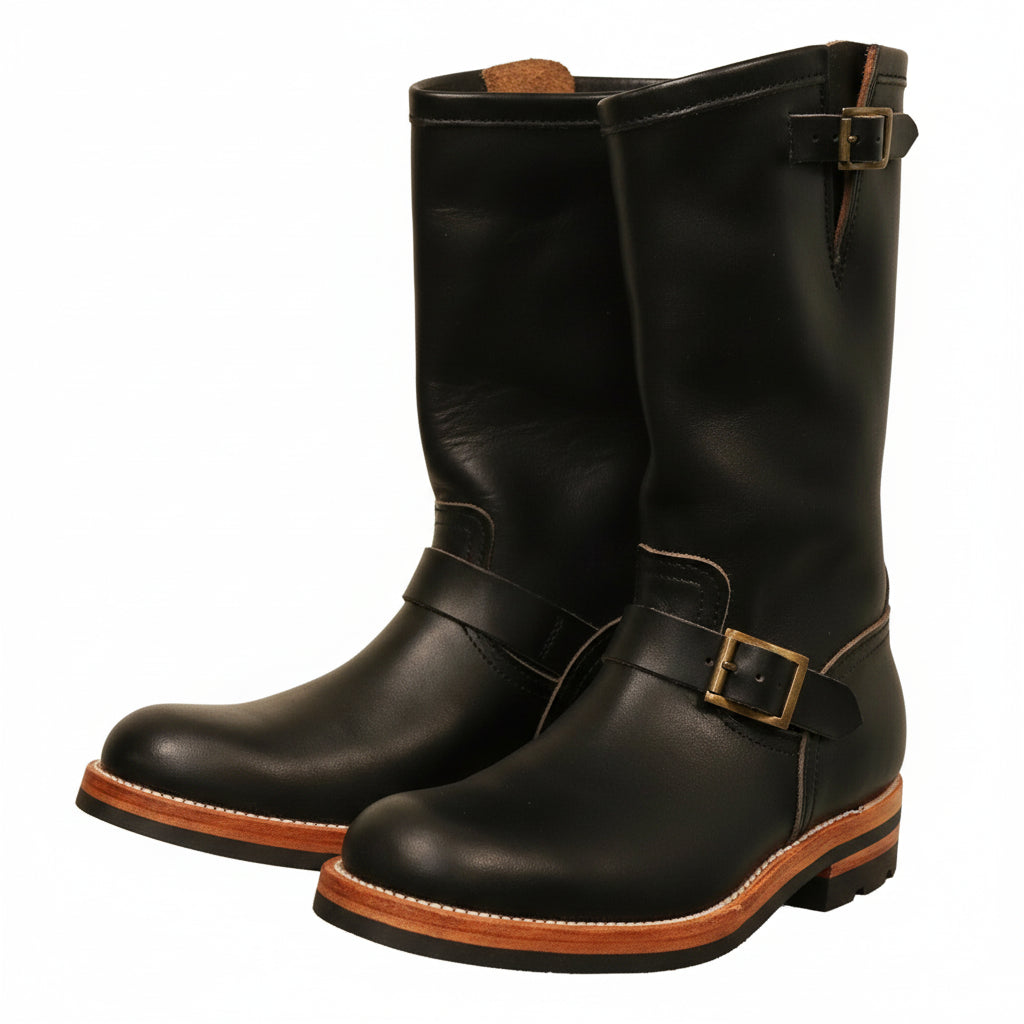 Western Cowboy Boots with Vintage Buckle and Square Heel - three-quarter-view