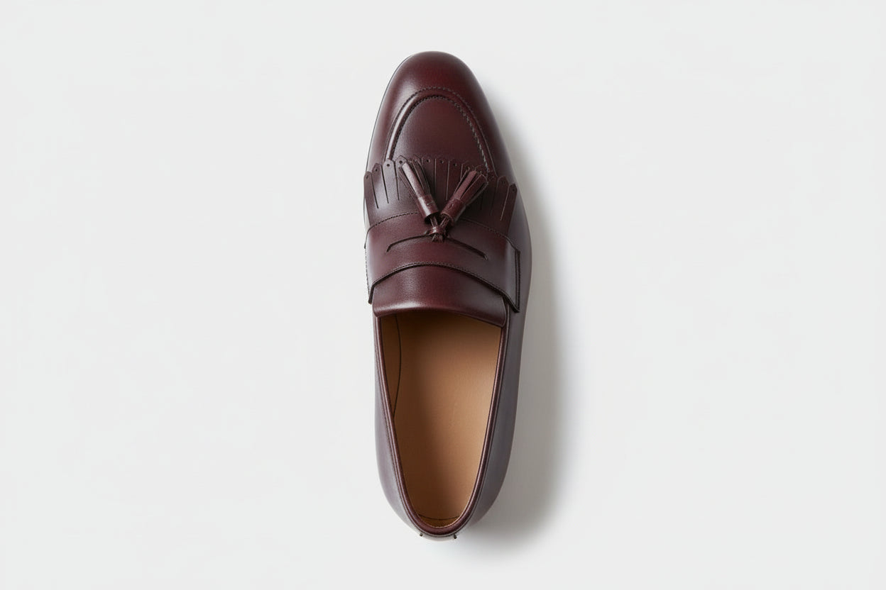 top-down-view - Handmade Men Elegant Brown Fringe Shoes, Leather Penny Loafer Shoes for