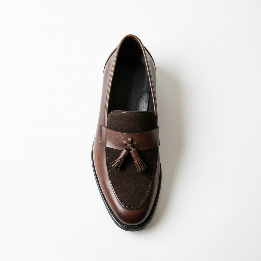 top-down-view - Handmade Men Brown Tassels Moccasins Loafer Shoes, Brown Dress Shoes
