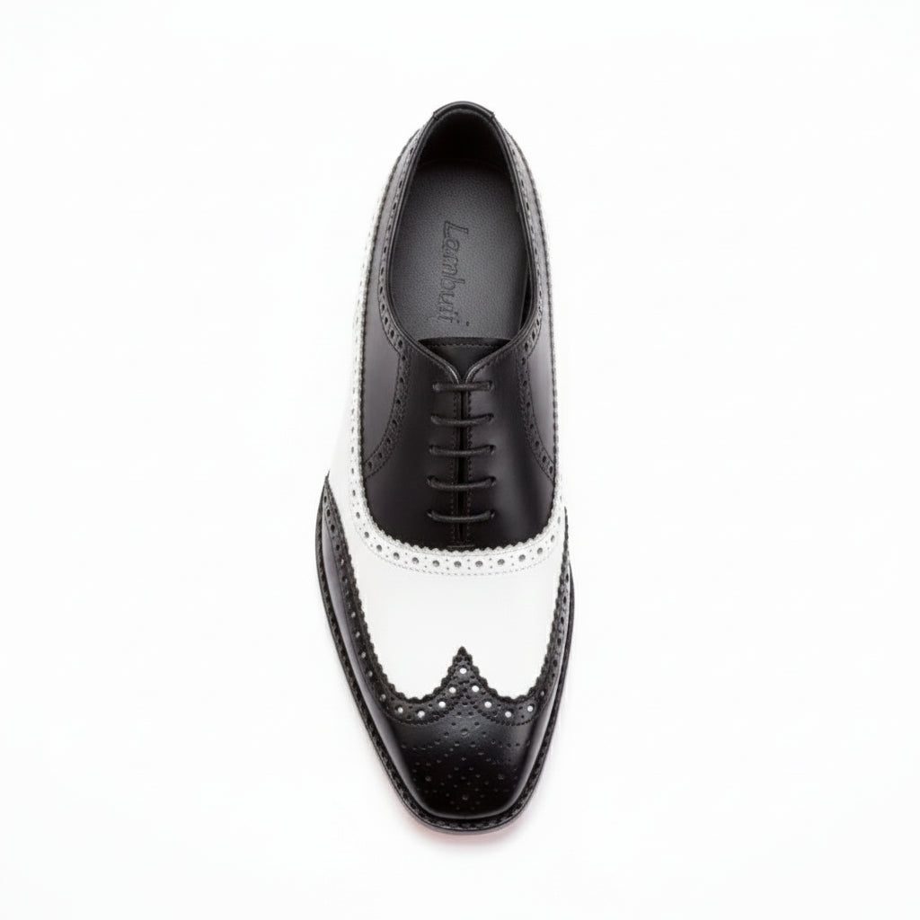 Black and White Leather Brogue Dress Shoes - top-down-view