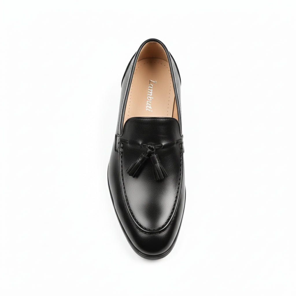 Black Leather Penny Loafers with Tassels - top-down-view