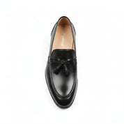 Black Leather Penny Loafers with Tassels - top-down-view