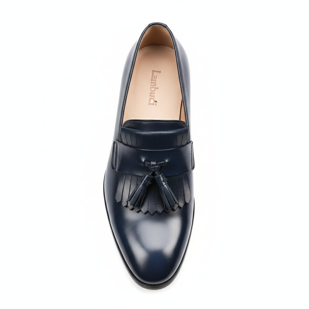 Blue Leather Moccasin Loafers with Fringes - top-down-view