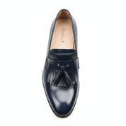 Blue Leather Moccasin Loafers with Fringes - top-down-view