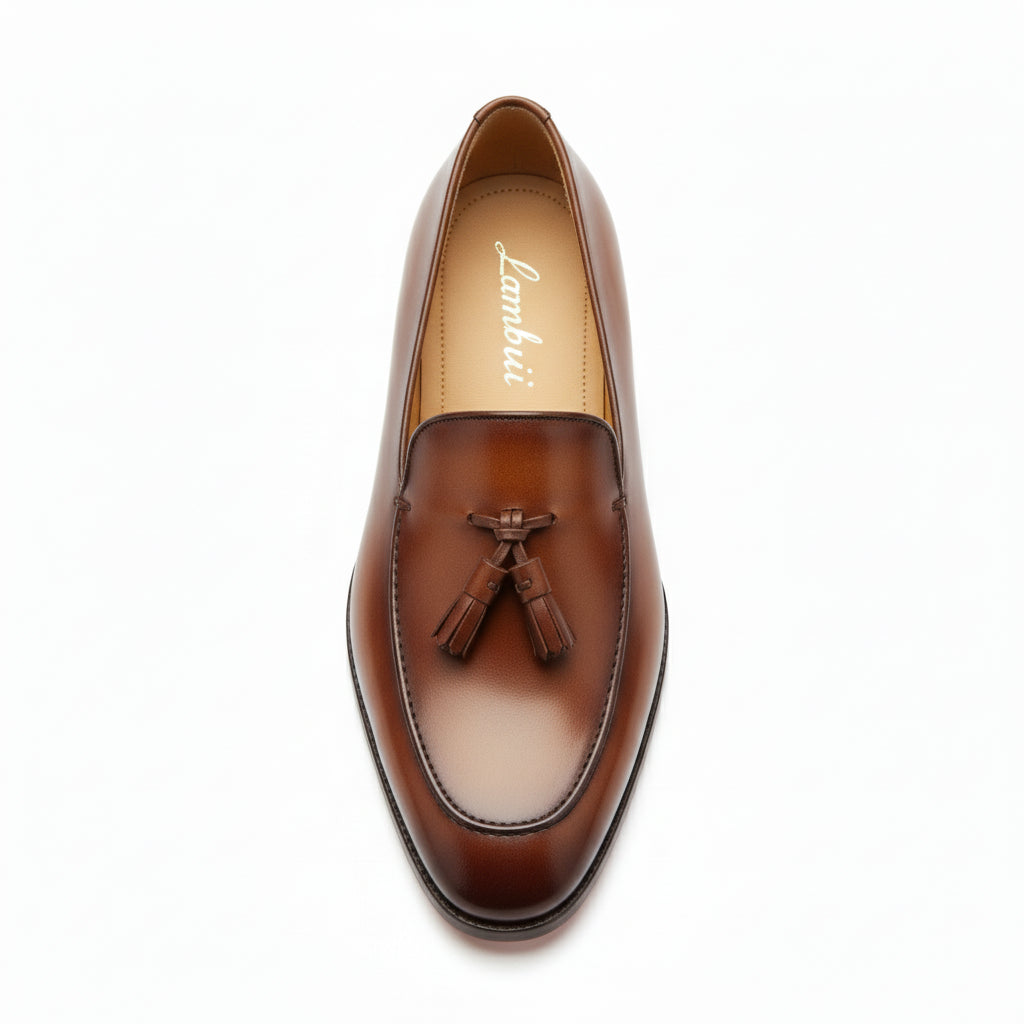 Brown Leather Tassel Moccasins Formal Dress Shoes - top-down-view