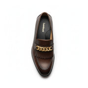 top-down-view - Dark Brown Leather Moccasin Loafers with Fringe